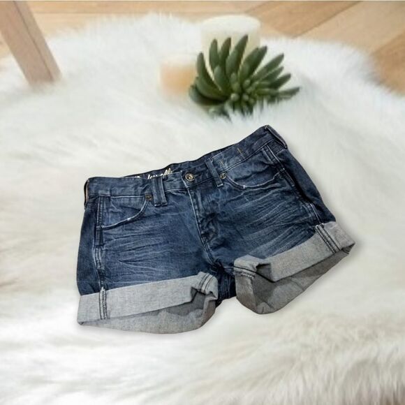 MADEWELL DARK WASH DENIM CUFFED SHORT SHORTY SHORTS - Picture 4 of 12